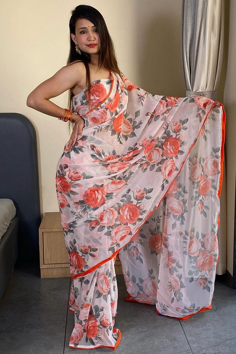 Girlish 1-Minute Ready To Wear White Georgette Saree