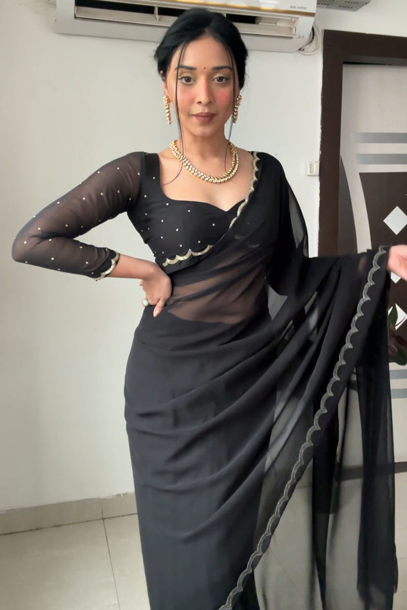 Wonderful 1-Minute Ready To Wear Black Georgette Saree