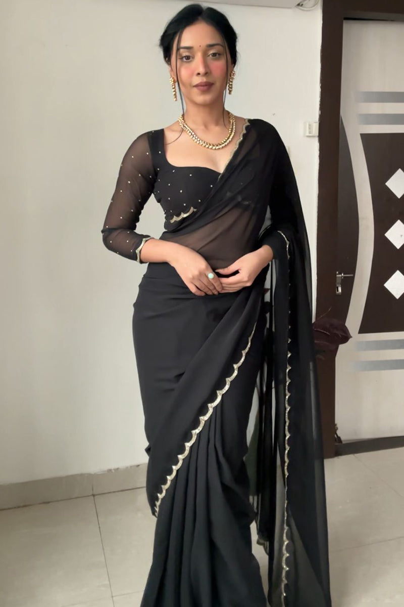 Wonderful 1-Minute Ready To Wear Black Georgette Saree