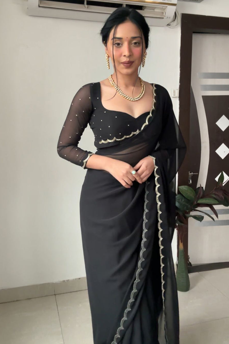 Wonderful 1-Minute Ready To Wear Black Georgette Saree