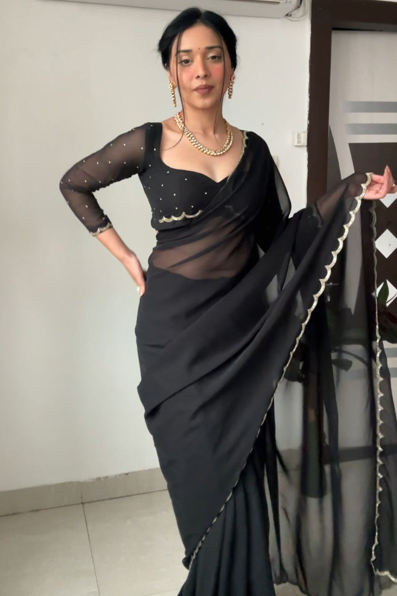Wonderful 1-Minute Ready To Wear Black Georgette Saree