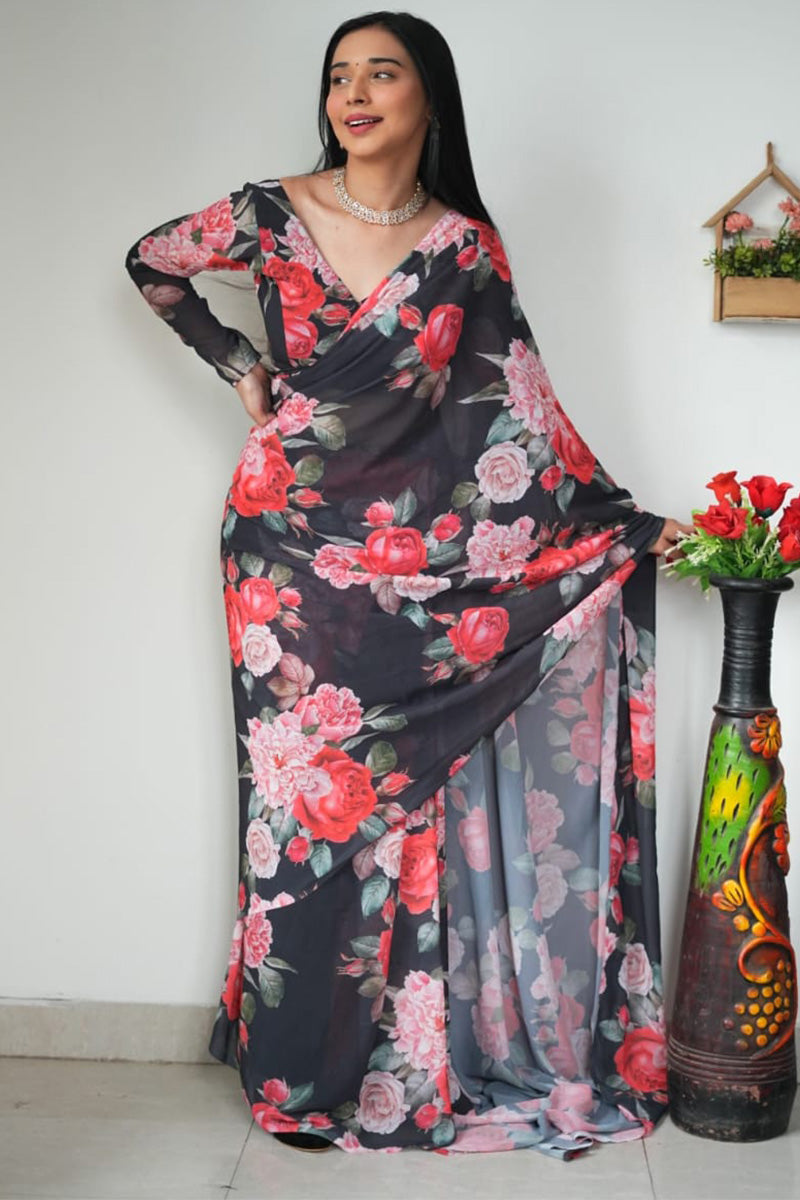 Unique 1-Minute Ready To Wear Black Georgette Saree