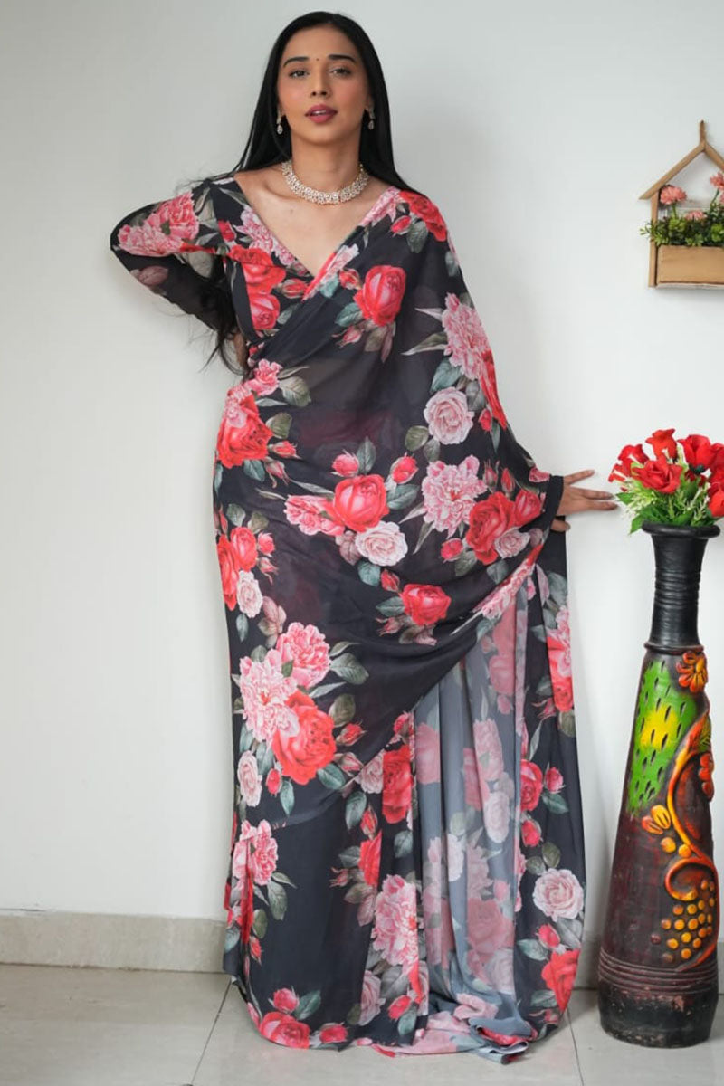 Unique 1-Minute Ready To Wear Black Georgette Saree