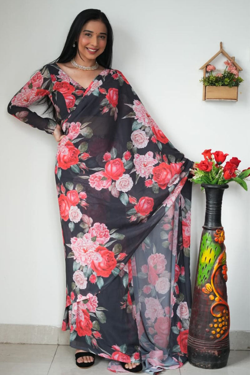 Unique 1-Minute Ready To Wear Black Georgette Saree
