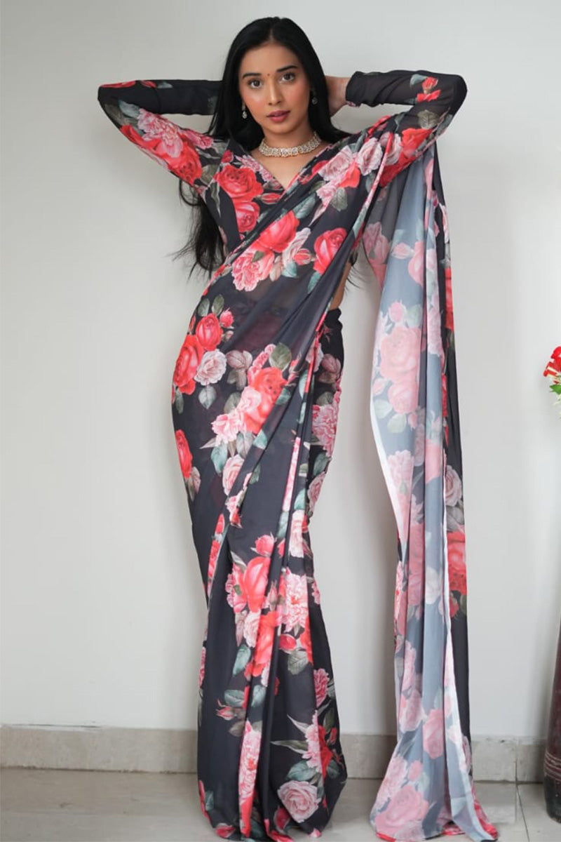 Unique 1-Minute Ready To Wear Black Georgette Saree