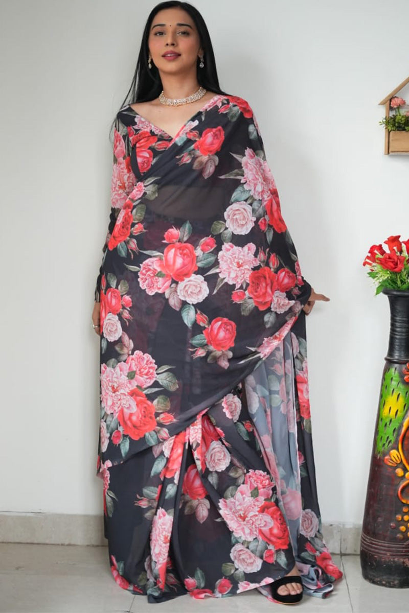 Unique 1-Minute Ready To Wear Black Georgette Saree