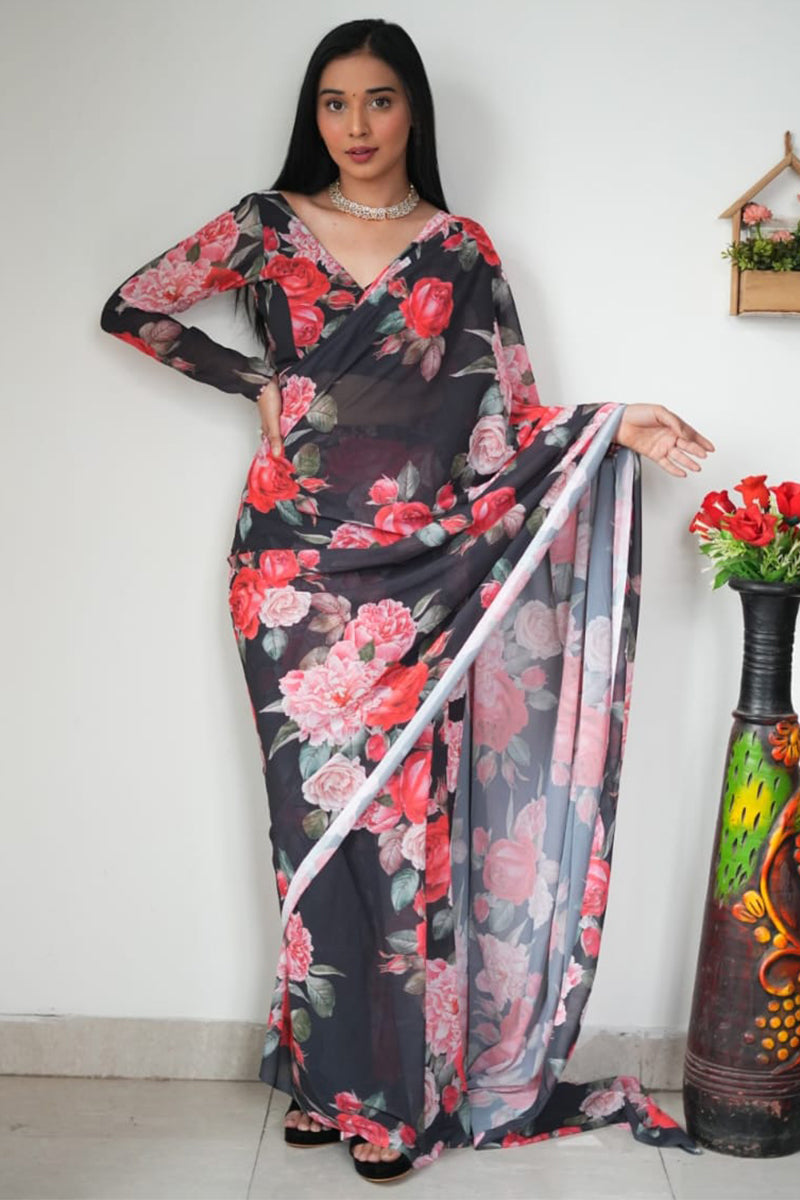 Unique 1-Minute Ready To Wear Black Georgette Saree