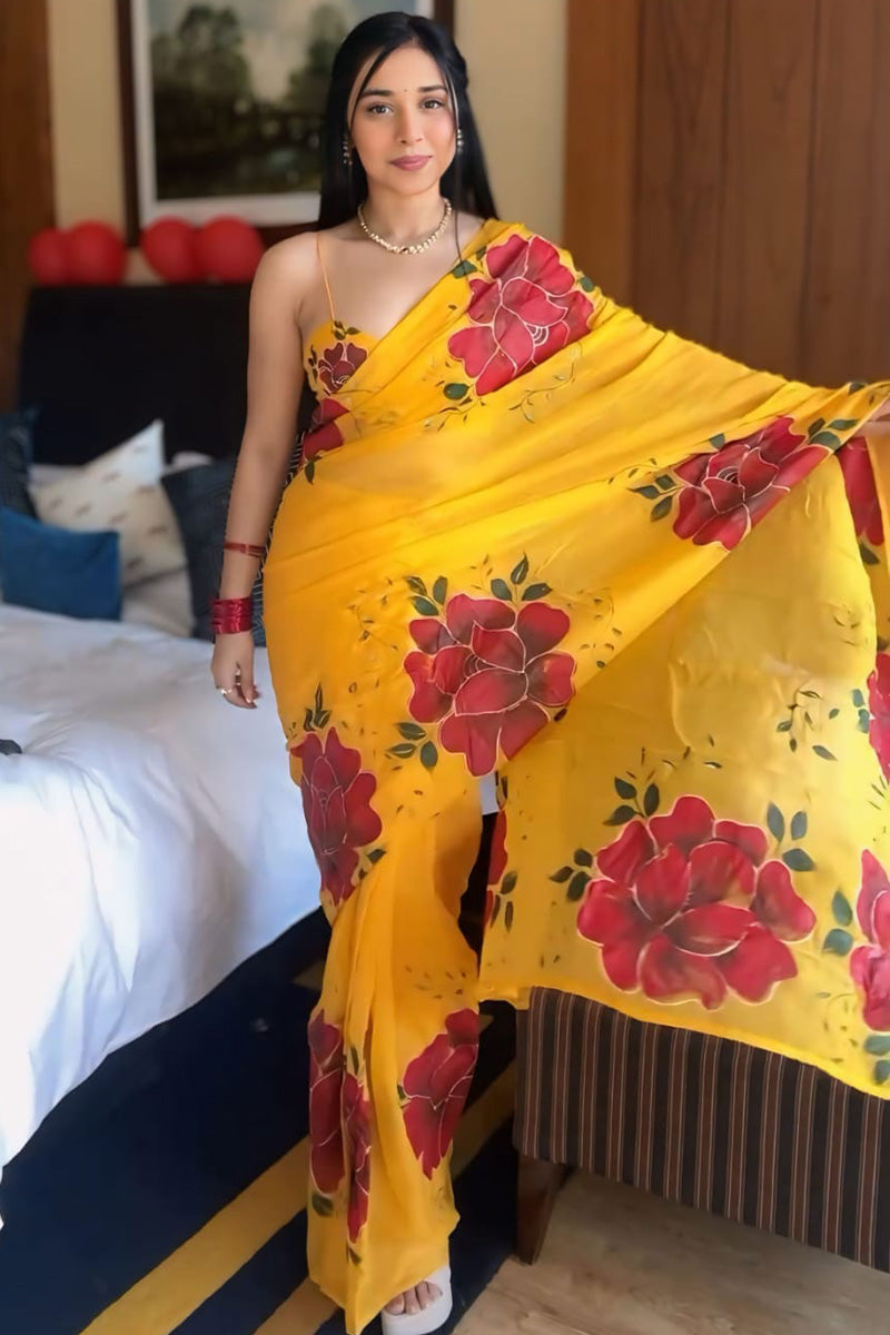 Skinny 1-Minute Ready To Wear Yellow Georgette Saree