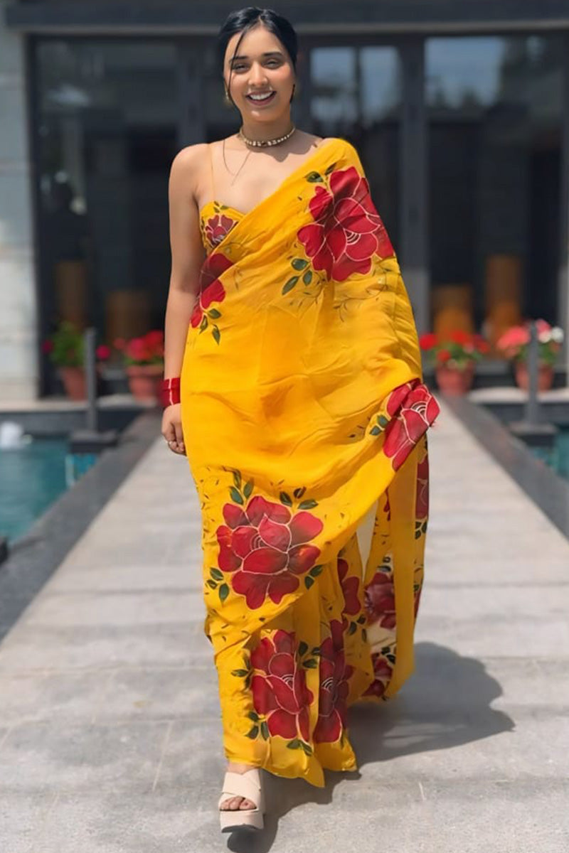 Skinny 1-Minute Ready To Wear Yellow Georgette Saree