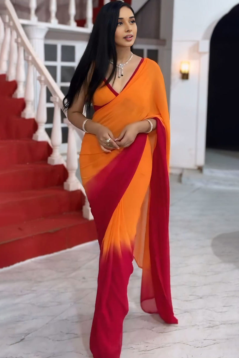 Wonderful 1-Minute Ready To Wear Yellow and Red Georgette Saree