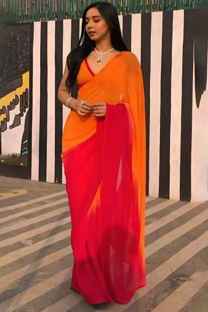 Wonderful 1-Minute Ready To Wear Yellow and Red Georgette Saree
