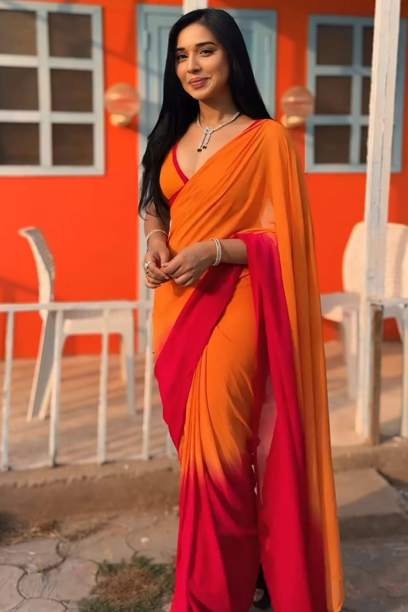 Wonderful 1-Minute Ready To Wear Yellow and Red Georgette Saree