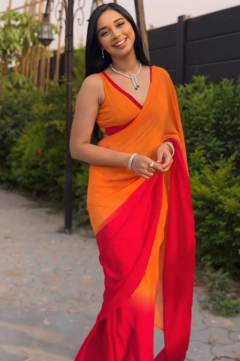 Wonderful 1-Minute Ready To Wear Yellow and Red Georgette Saree
