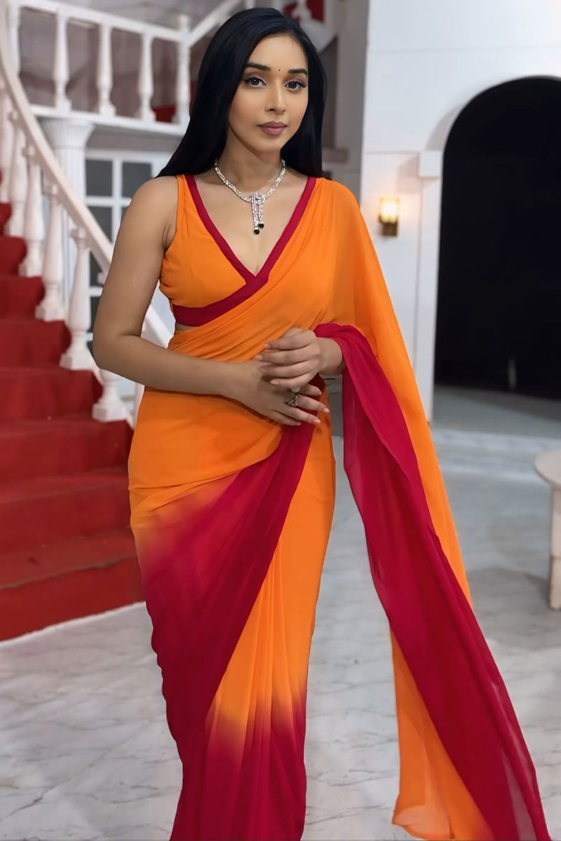 Wonderful 1-Minute Ready To Wear Yellow and Red Georgette Saree