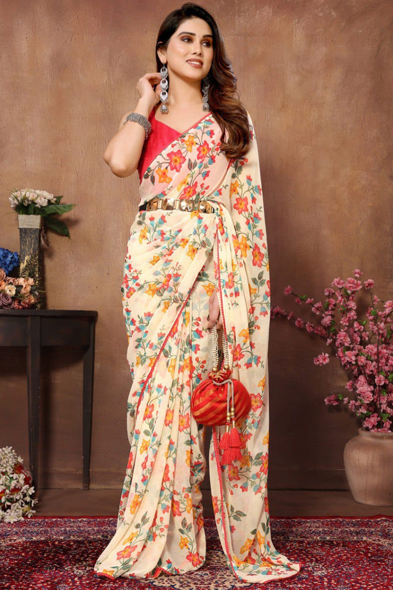 Exquisite 1-Minute Ready To Wear Beige Georgette Saree