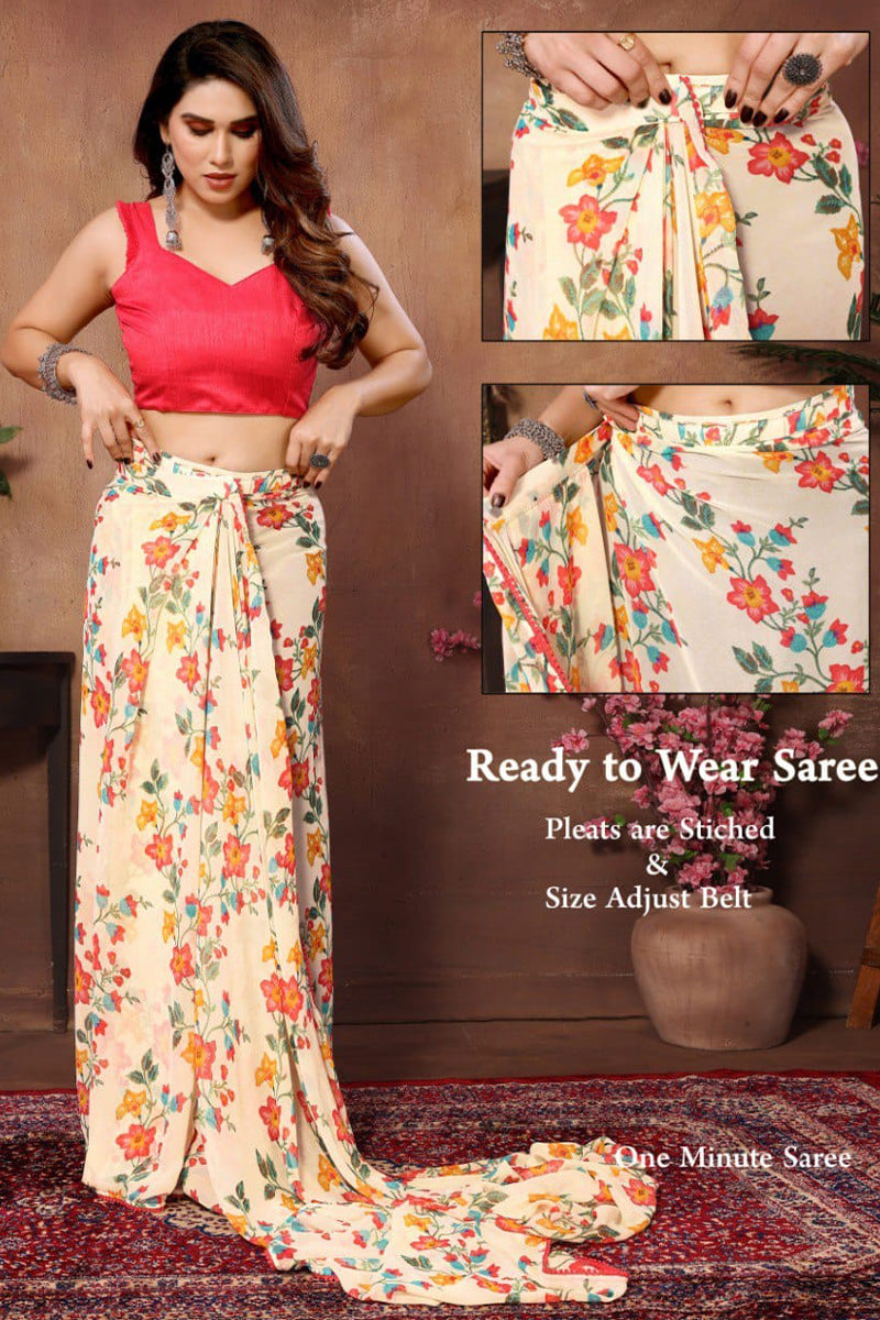 Exquisite 1-Minute Ready To Wear Beige Georgette Saree