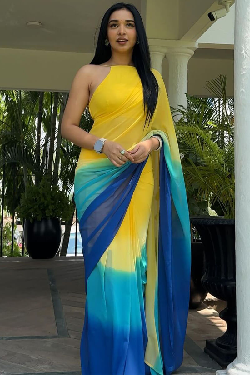 Cynosure 1-Minute Ready To Wear Yellow and Blue Georgette Saree