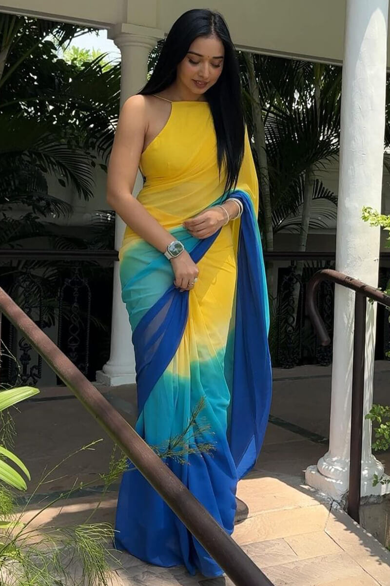Cynosure 1-Minute Ready To Wear Yellow and Blue Georgette Saree