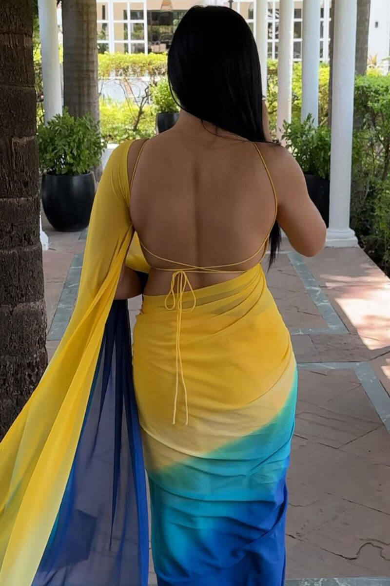 Cynosure 1-Minute Ready To Wear Yellow and Blue Georgette Saree