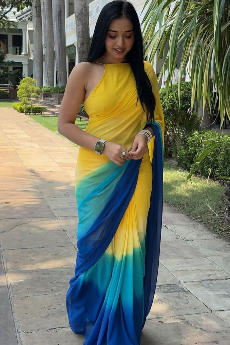 Cynosure 1-Minute Ready To Wear Yellow and Blue Georgette Saree