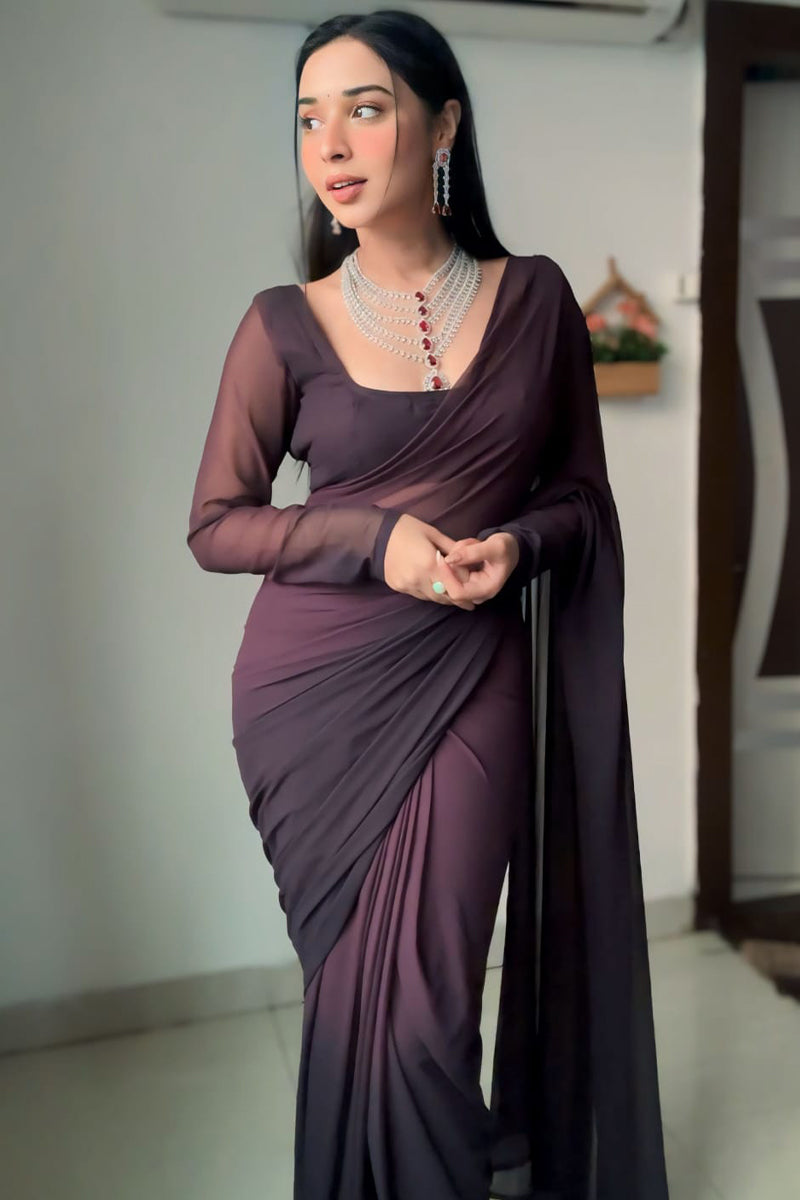 Flattering 1-Minute Ready To Wear Brown Georgette Saree
