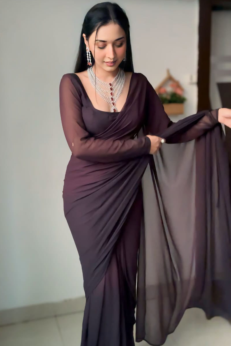 Flattering 1-Minute Ready To Wear Brown Georgette Saree