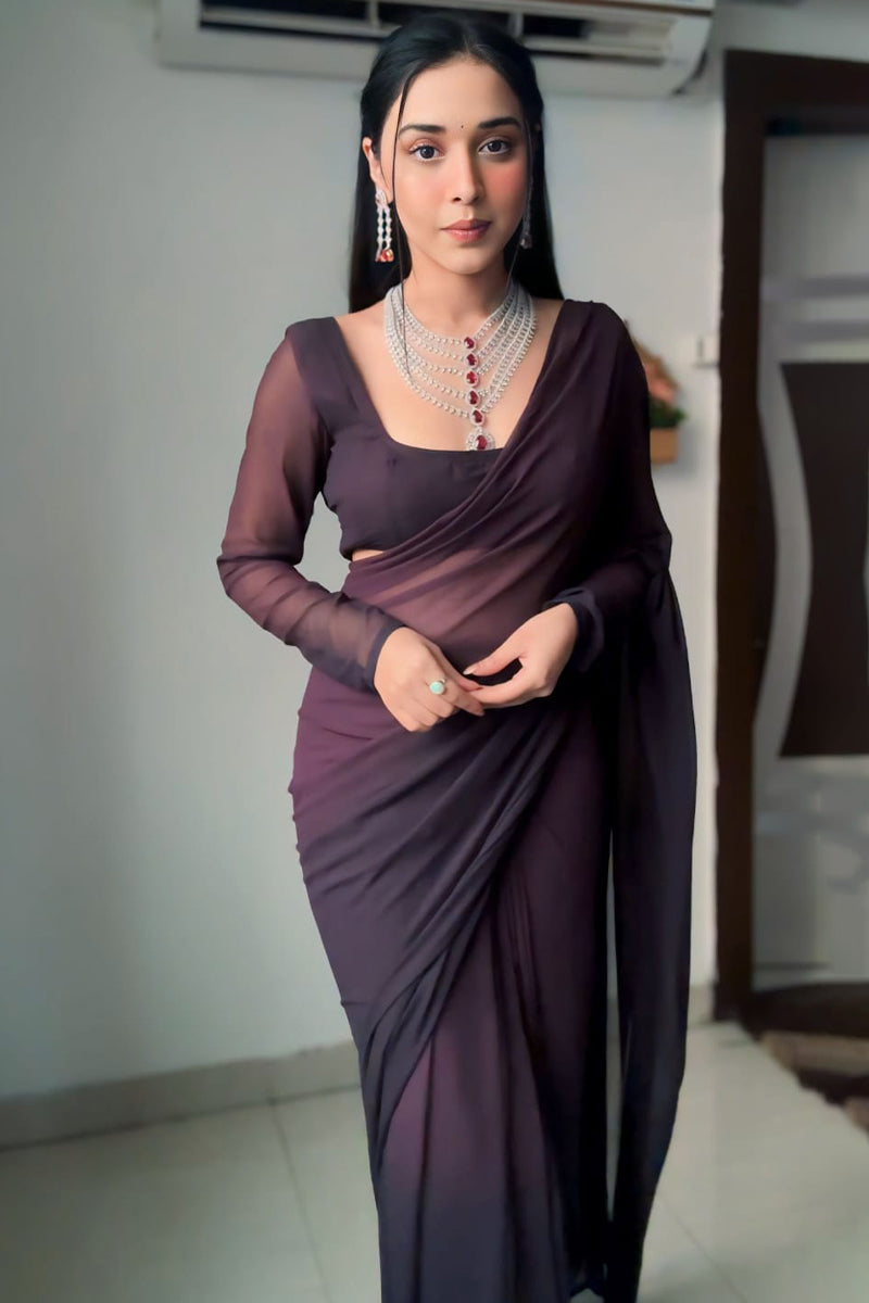 Flattering 1-Minute Ready To Wear Brown Georgette Saree