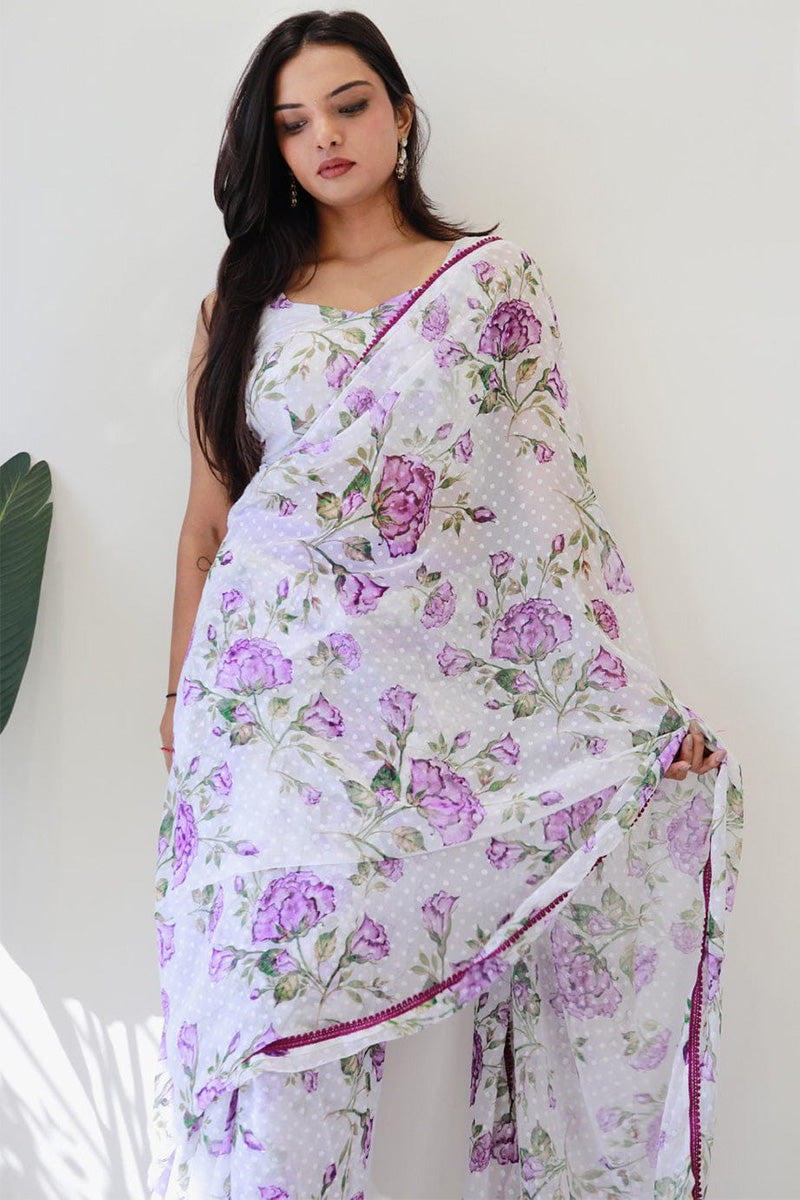 Glorious 1-Minute Ready To Wear White Georgette Saree