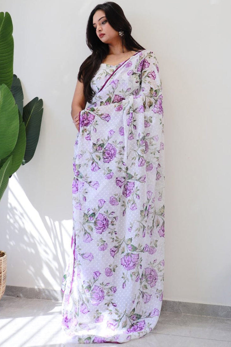 Glorious 1-Minute Ready To Wear White Georgette Saree