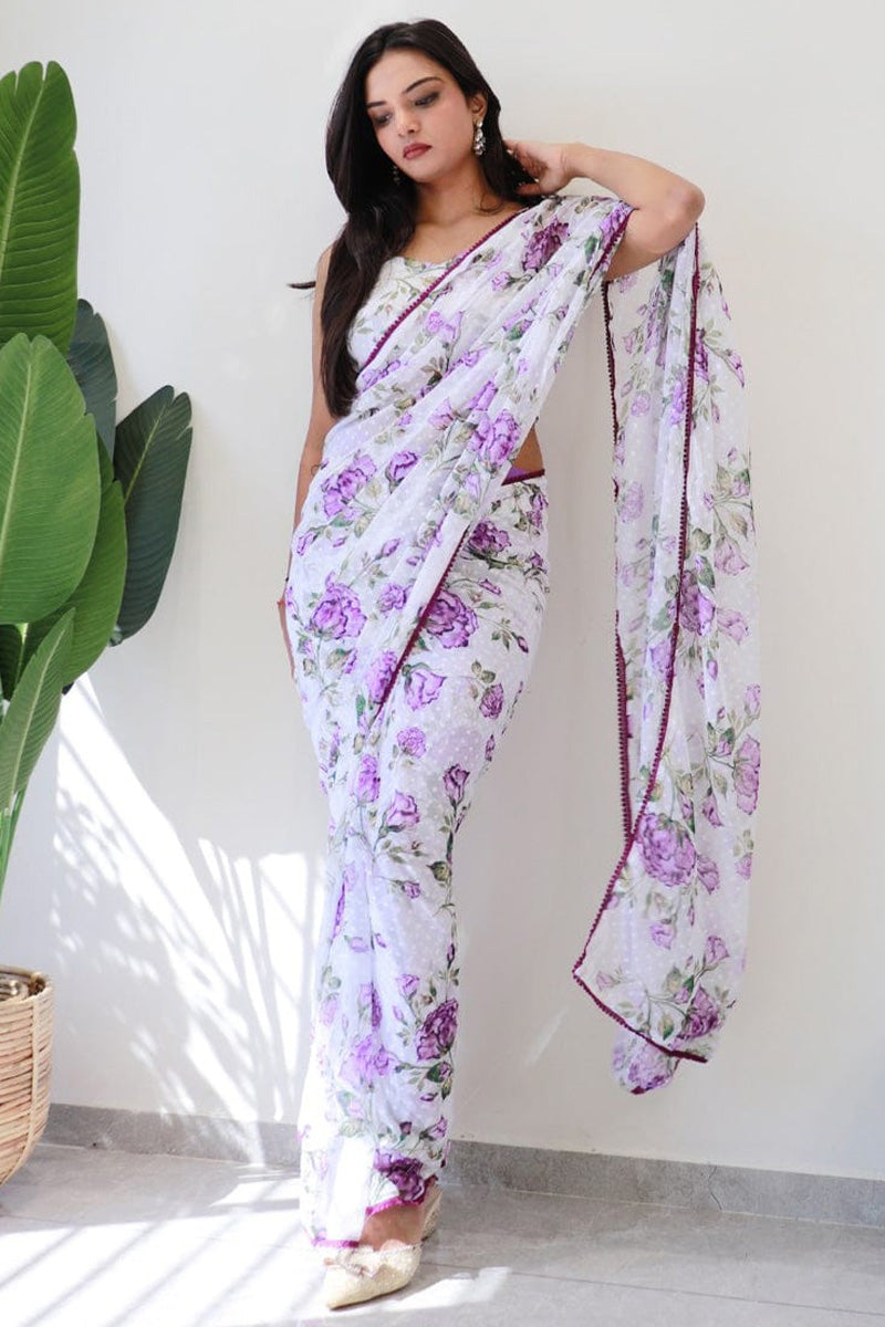 Glorious 1-Minute Ready To Wear White Georgette Saree