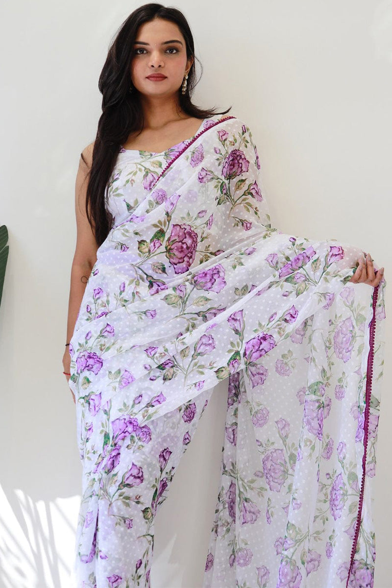 Glorious 1-Minute Ready To Wear White Georgette Saree