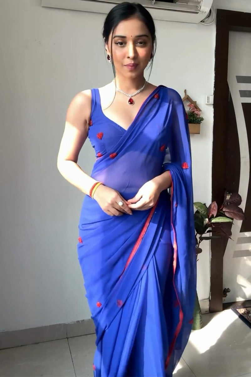 Super classy 1-Minute Ready To Wear Blue Georgette Saree