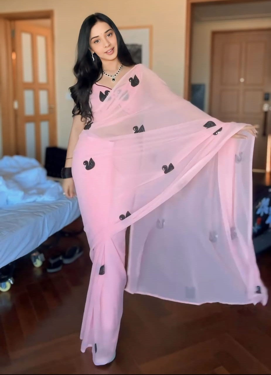 Forbearance 1-Minute Ready To Wear Pink Georgette Saree
