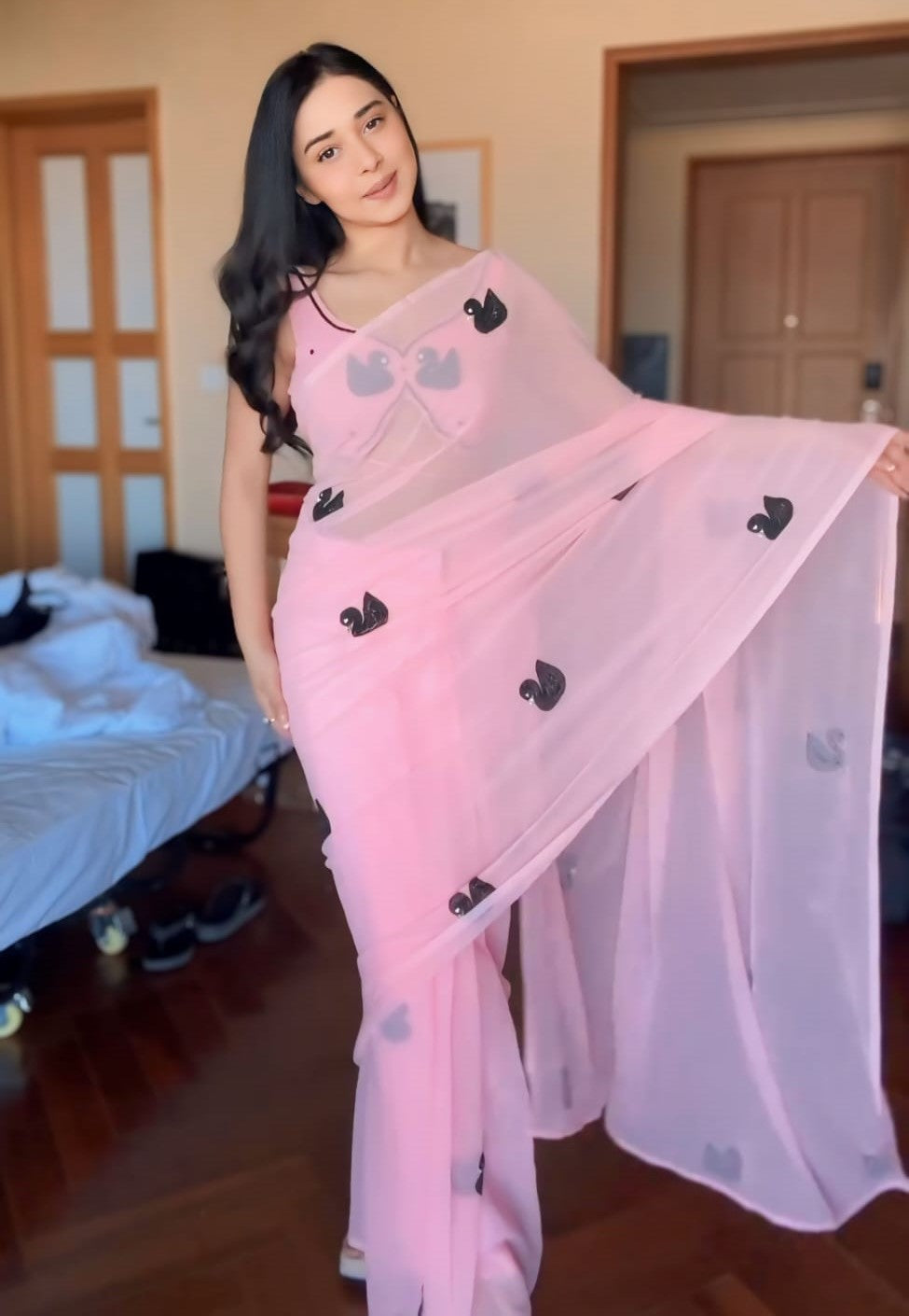 Forbearance 1-Minute Ready To Wear Pink Georgette Saree
