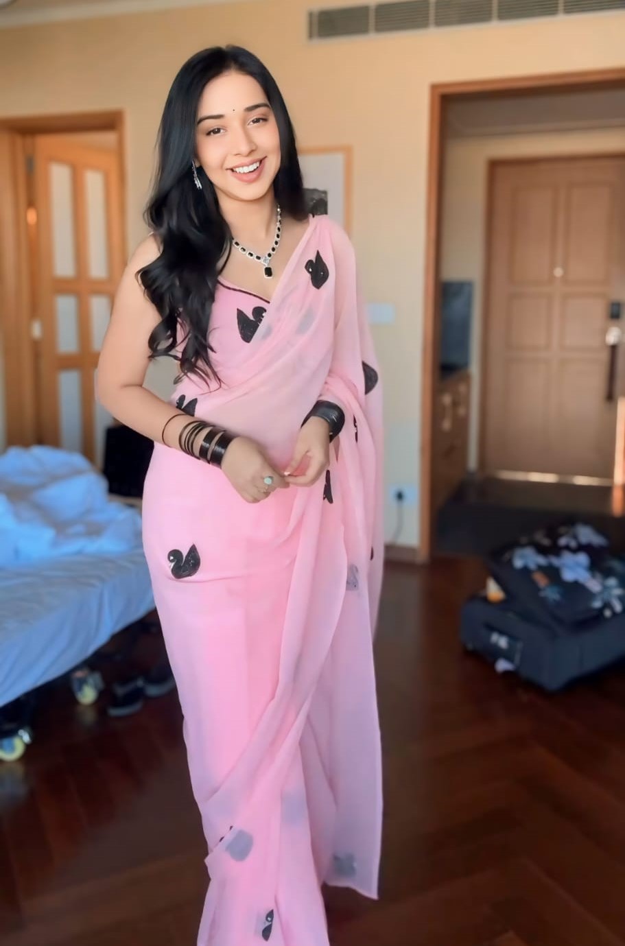 Forbearance 1-Minute Ready To Wear Pink Georgette Saree