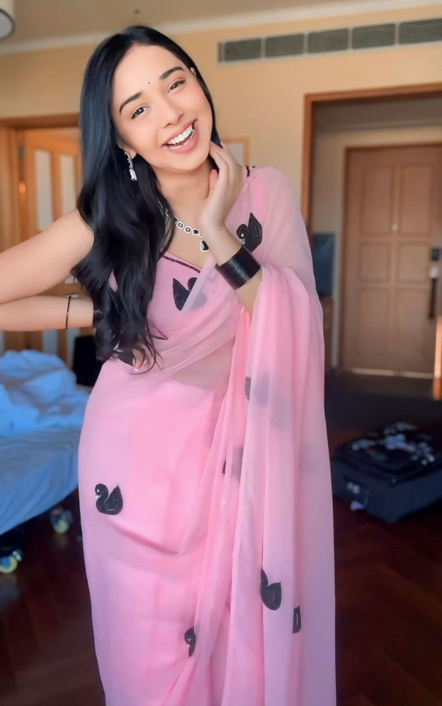 Forbearance 1-Minute Ready To Wear Pink Georgette Saree