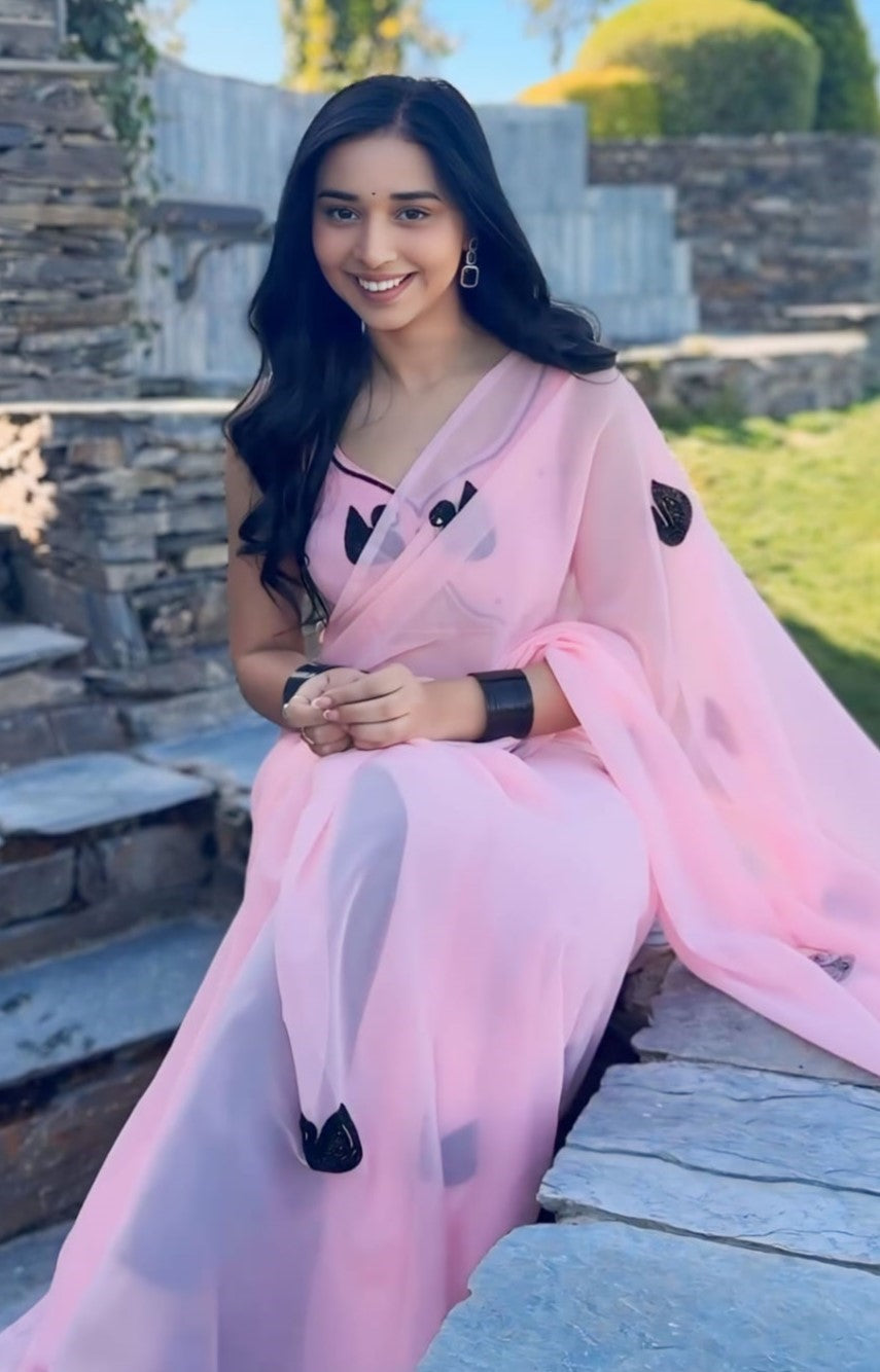 Forbearance 1-Minute Ready To Wear Pink Georgette Saree