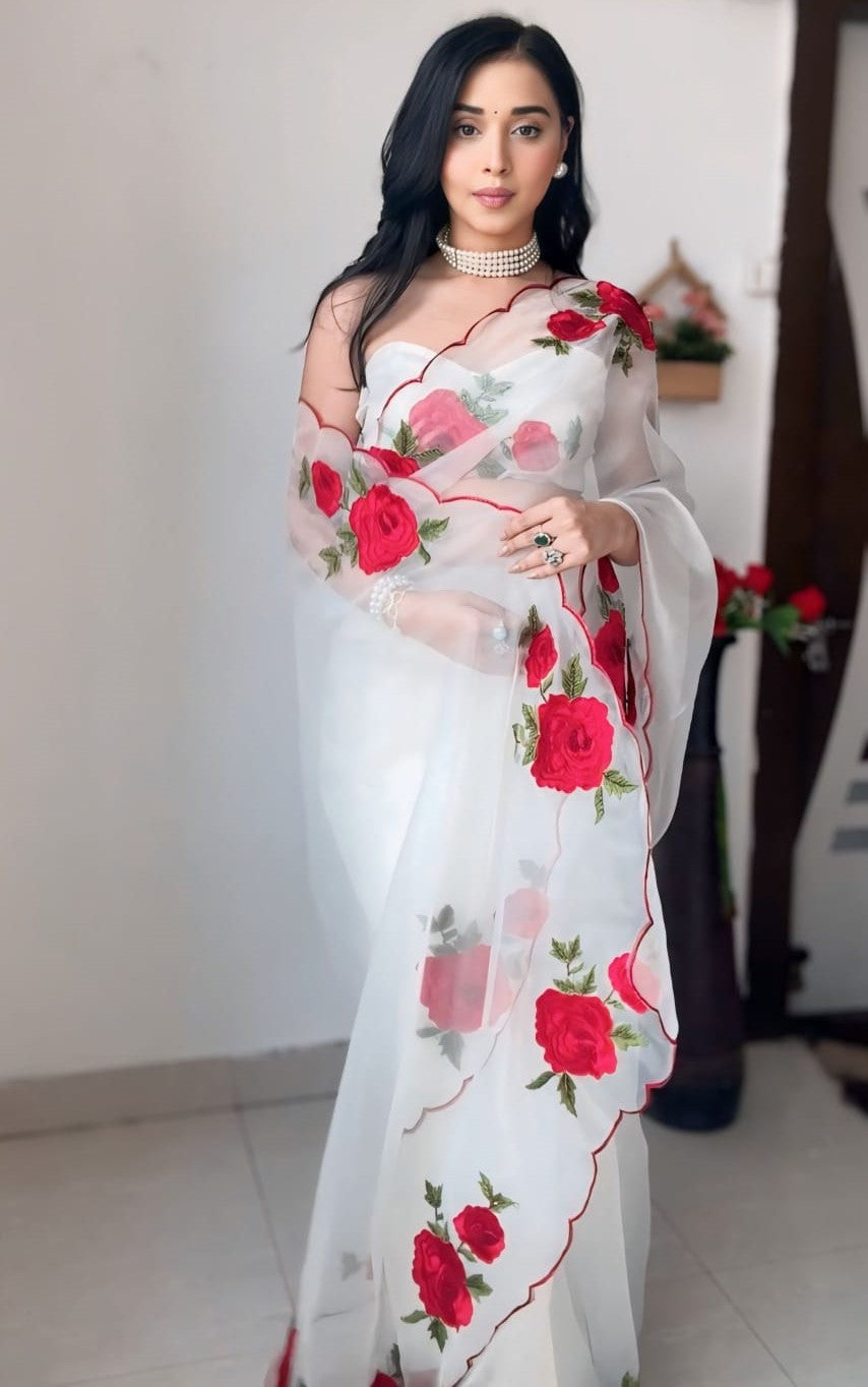 Sempiternal 1-Minute Ready To Wear Off White Organza Silk Saree