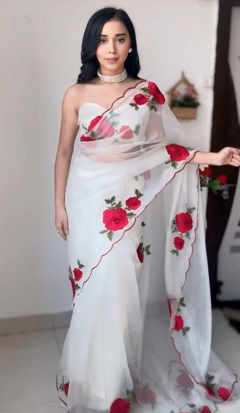 Sempiternal 1-Minute Ready To Wear Off White Organza Silk Saree