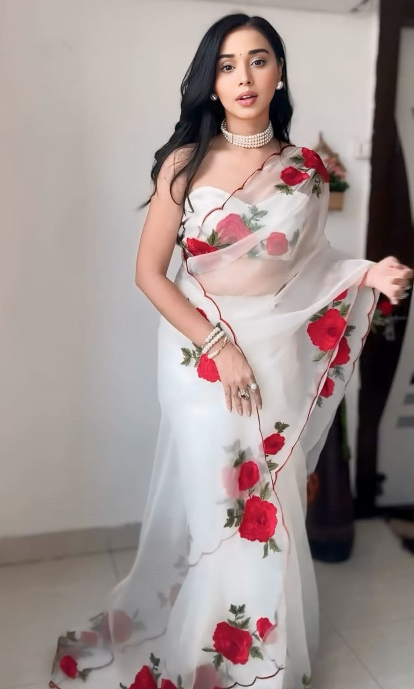 Sempiternal 1-Minute Ready To Wear Off White Organza Silk Saree