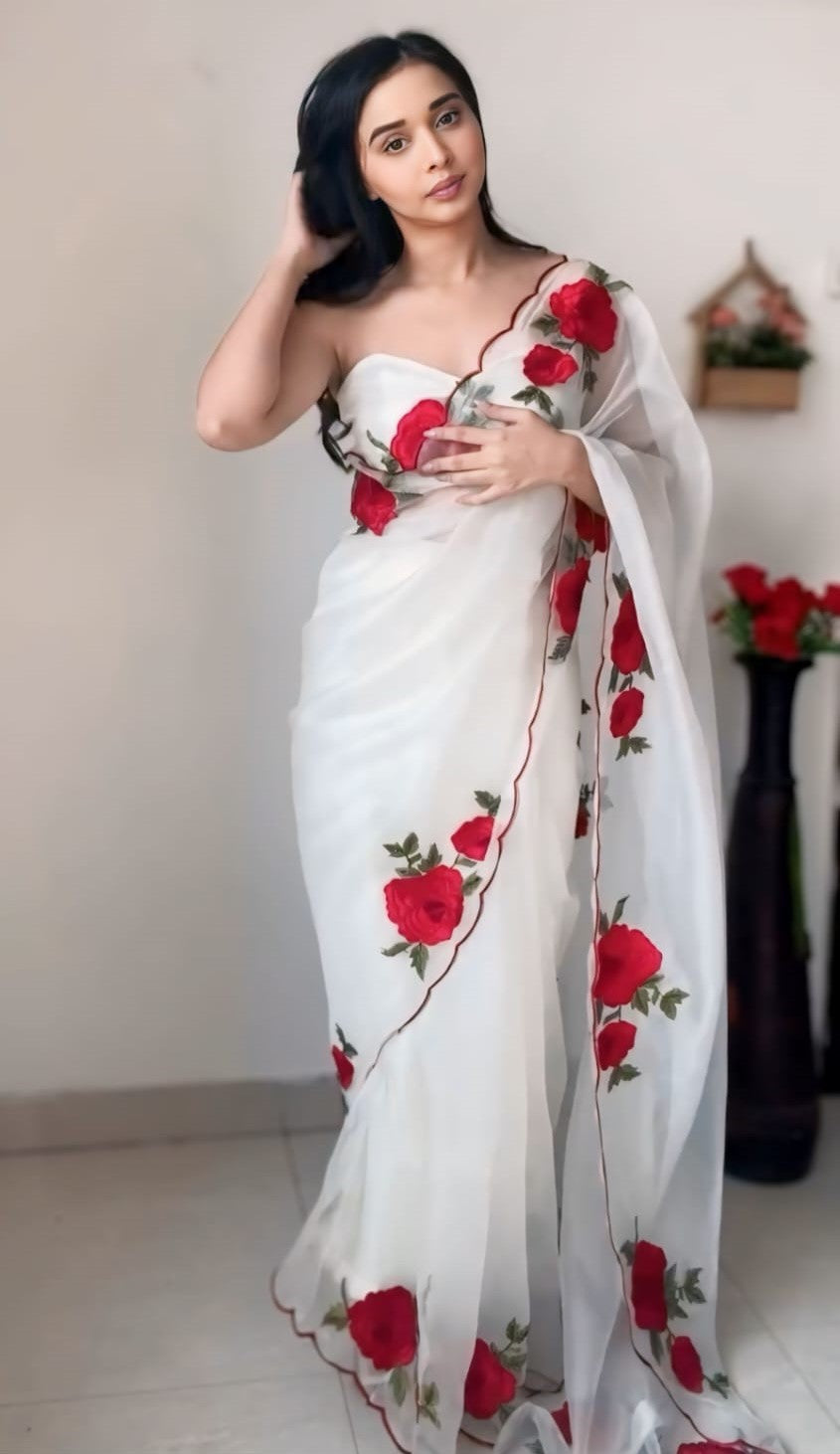 Sempiternal 1-Minute Ready To Wear Off White Organza Silk Saree