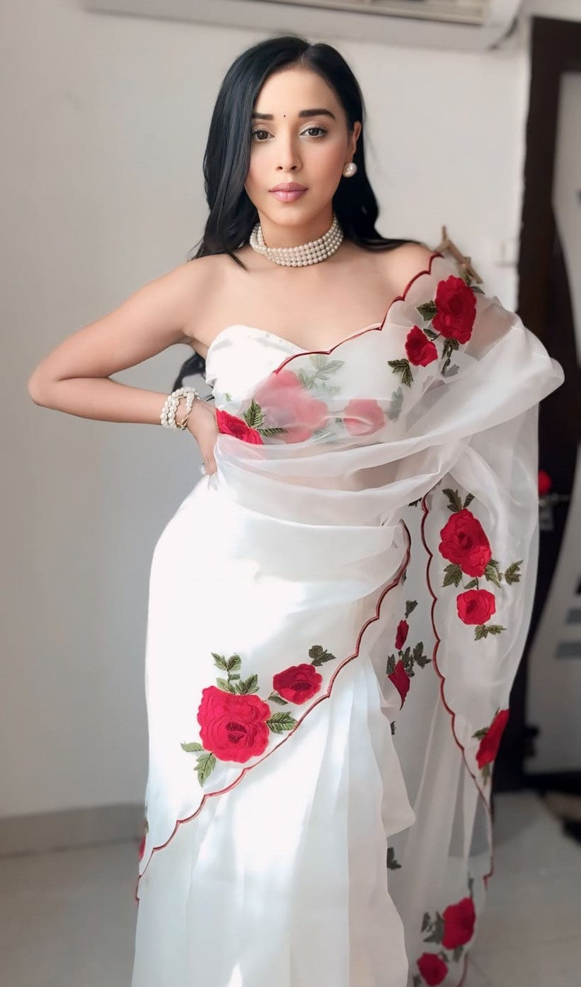 Sempiternal 1-Minute Ready To Wear Off White Organza Silk Saree