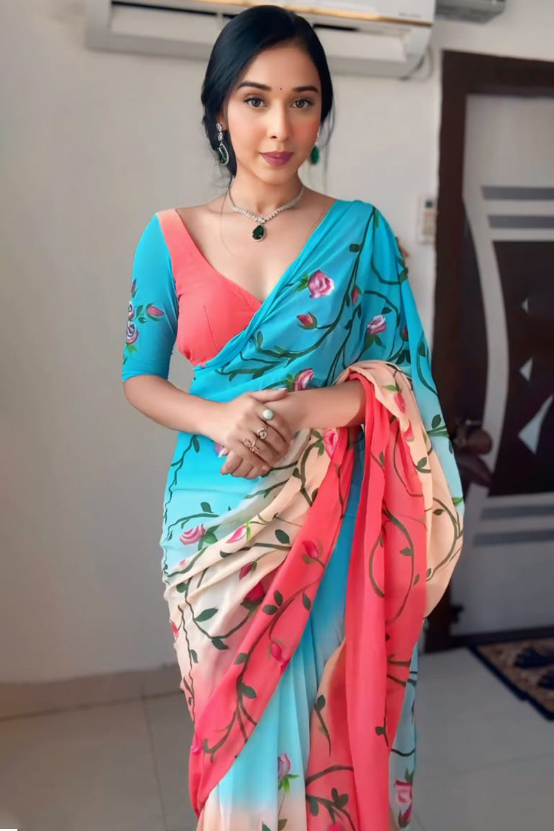 Scrumptious 1-Minute Ready To Wear Firozi and Pink Georgette Saree