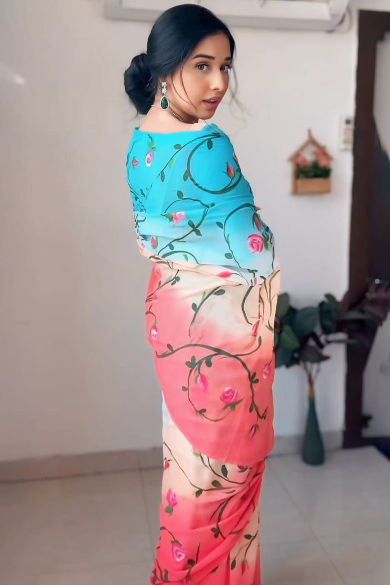 Scrumptious 1-Minute Ready To Wear Firozi and Pink Georgette Saree
