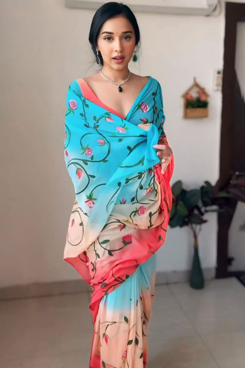 Scrumptious 1-Minute Ready To Wear Firozi and Pink Georgette Saree