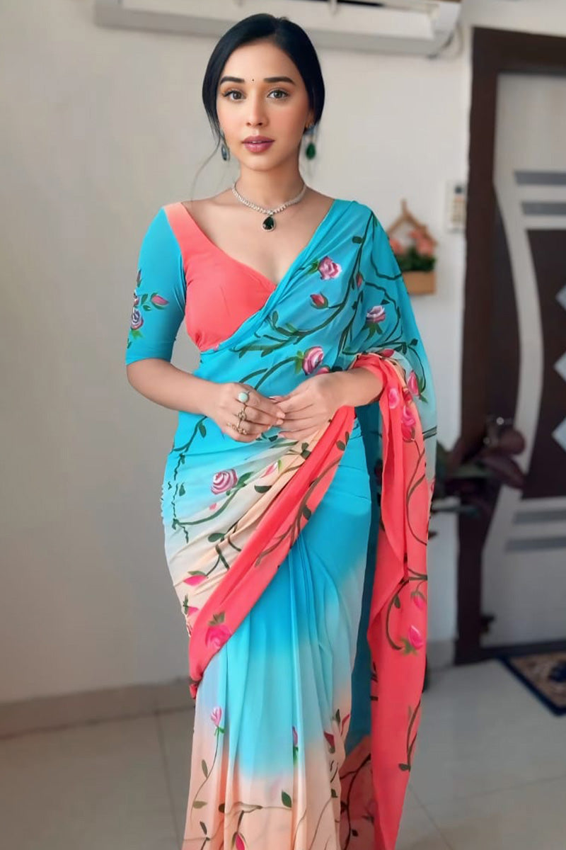 Scrumptious 1-Minute Ready To Wear Firozi and Pink Georgette Saree