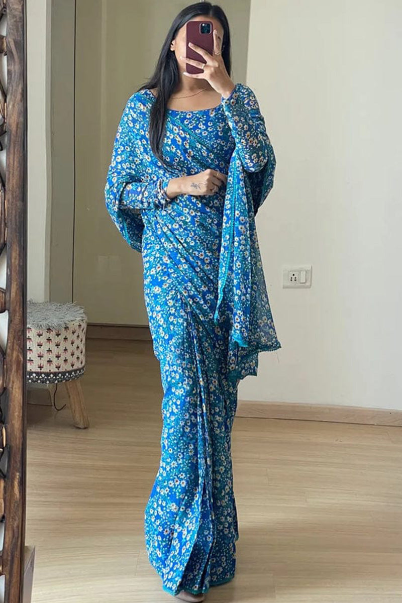 Charismatic 1-Minute Ready To Wear Blue Georgette Saree
