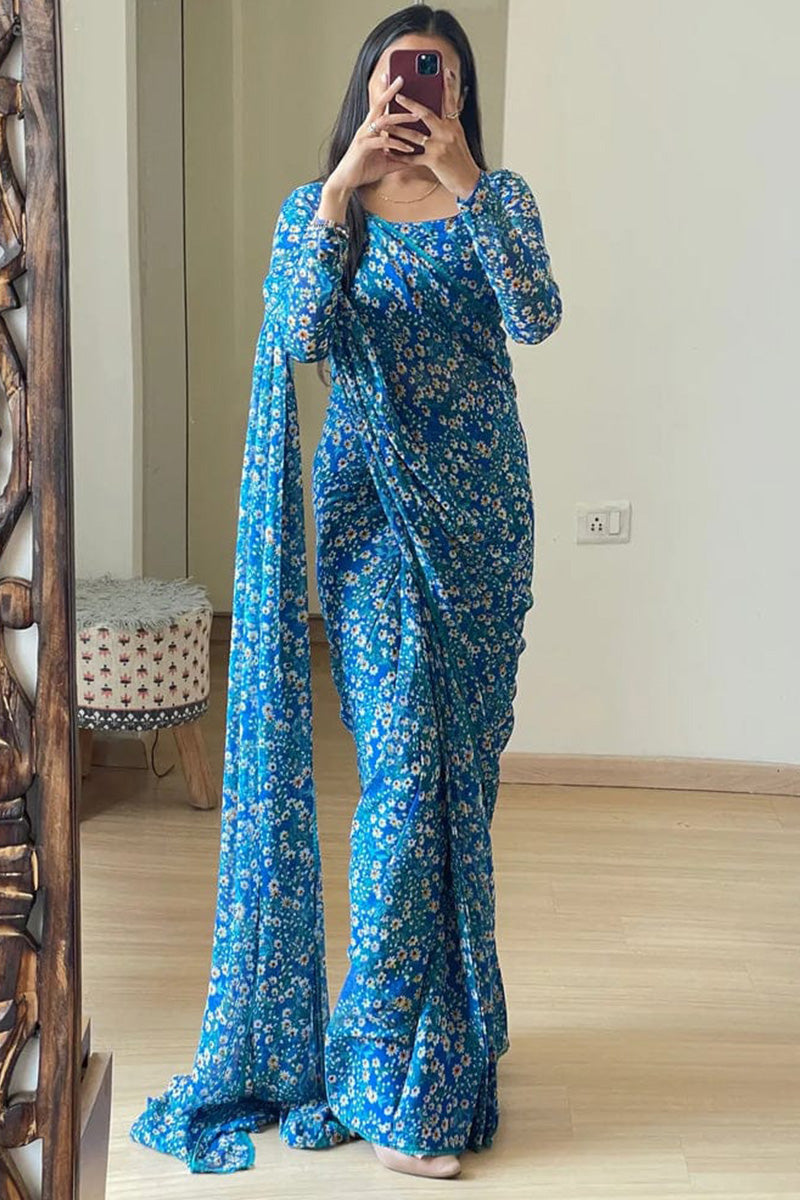 Charismatic 1-Minute Ready To Wear Blue Georgette Saree