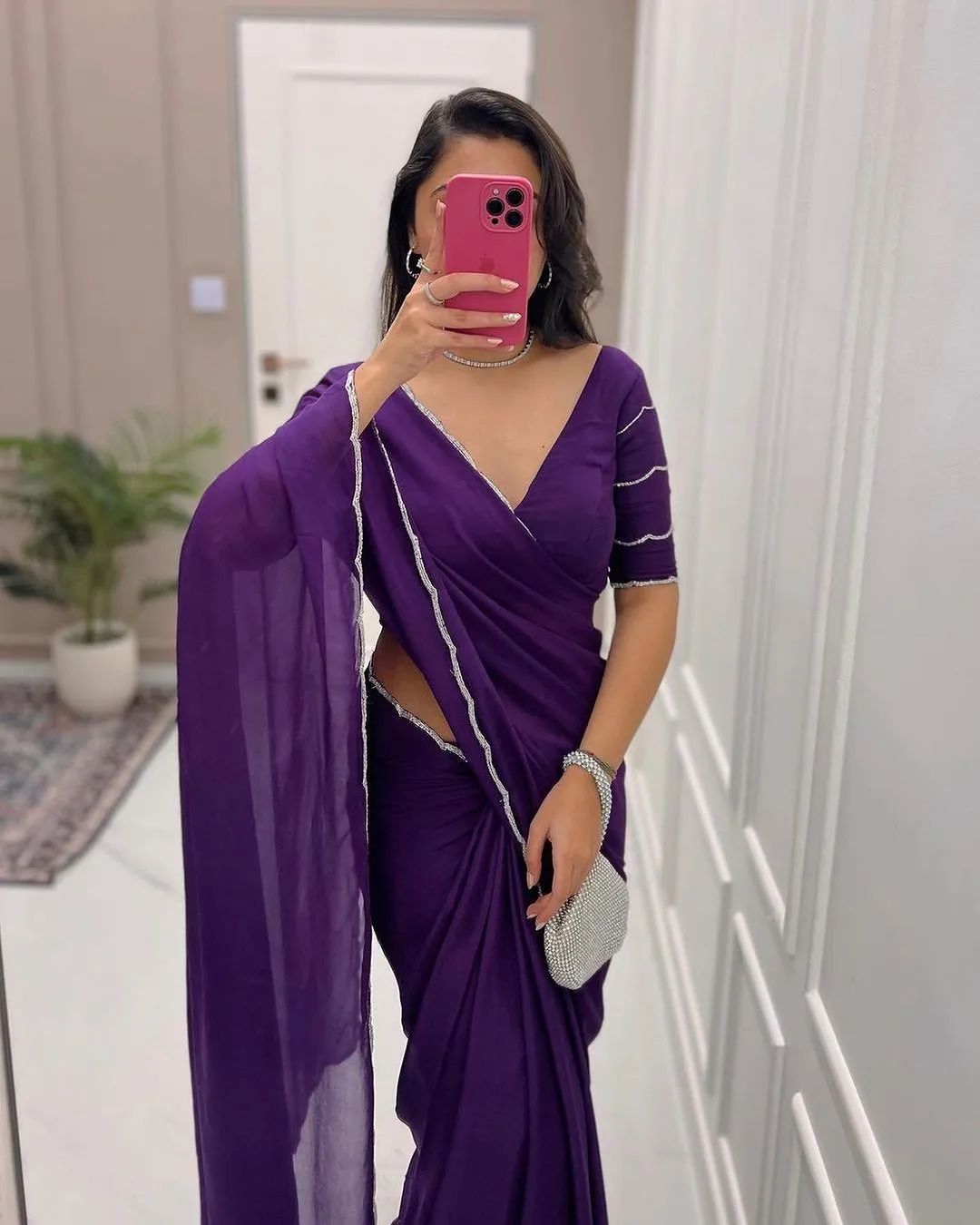 Resonant 1-Minute Ready To Wear Purple Georgette Saree