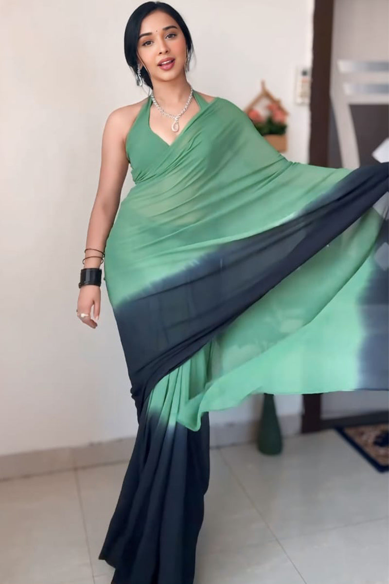 Extraordinary 1-Minute Ready To Wear Green and Black Georgette Saree
